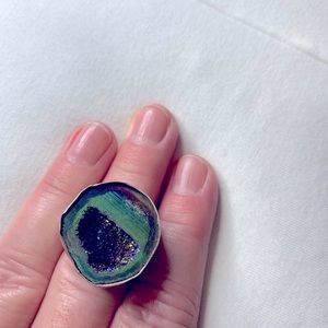 Silver green and multi colored druzy ring